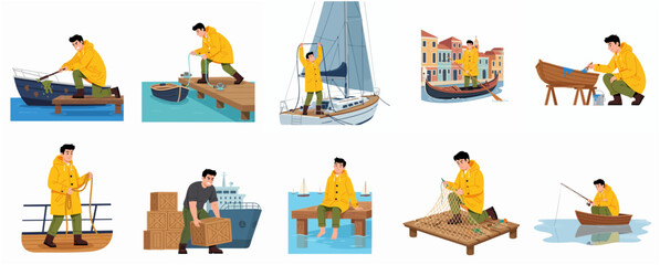 Diverse Flat Style Fisherman in Various Activities and Locations Illustration Set © cantik
