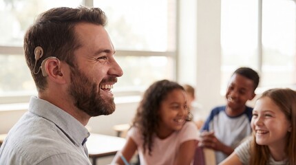Fototapeta premium Man with a hearing aid laughing in a classroom with diverse smiling children in the background. Inclusion and education concept.