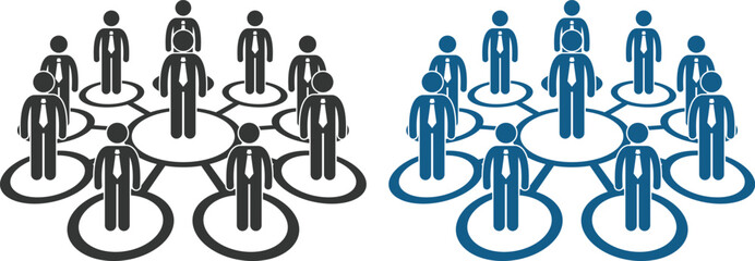 Fototapeta premium Modern business network and teamwork icons set featuring people connections, partnership. Leadership, meeting, management, togetherness. Corporation Solid vector icons collection.