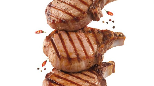 Stack of three perfectly grilled pork chops with visible grill marks and seasoning
