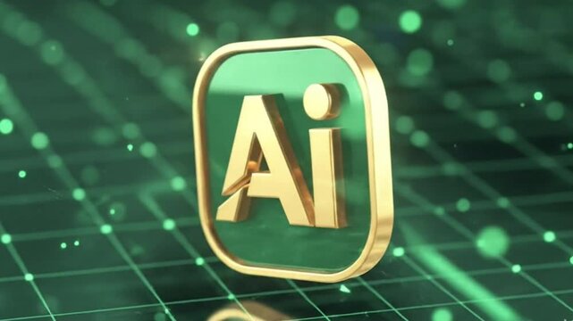 3D Golden AI Logo in Glass Square Frame on Green Bokeh Particle Network Technology Background