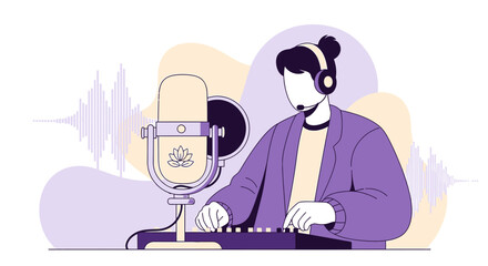 Podcaster Recording Audio with Microphone and Sound Waves, Broadcasting Studio Concept