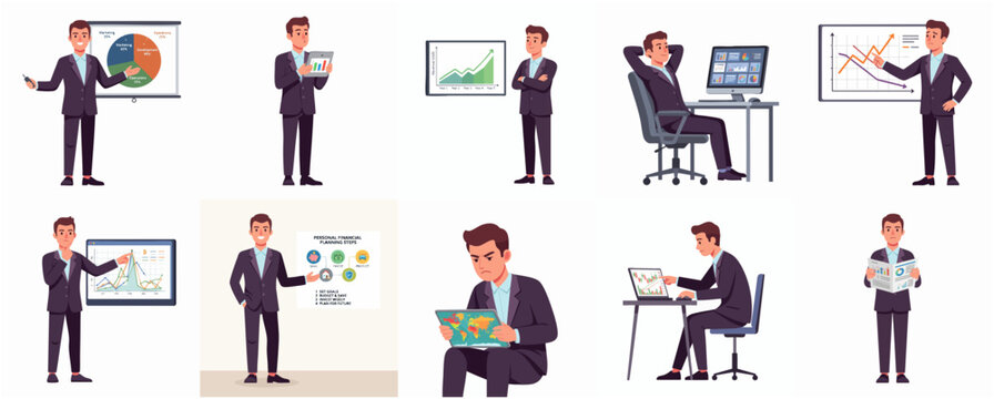 Cartoon Style Businessman Character Poses and Actions for Presentation and Report
