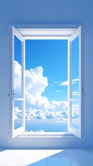 Obraz premium An open, white window frames a bright blue sky filled with fluffy white clouds, offering a panoramic view. The light shines in