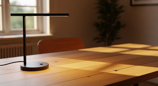 Modern desk lamp illuminates a wooden table near a sunlit window