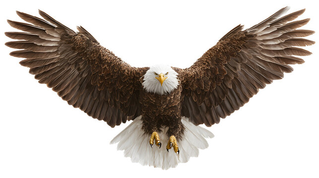Ultra realistic HD bald eagle landing wings wide, feathers spread, isolated on white background