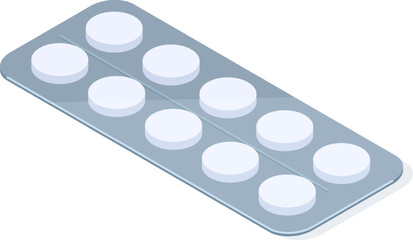 Blister pack containing white round pills isometric illustration