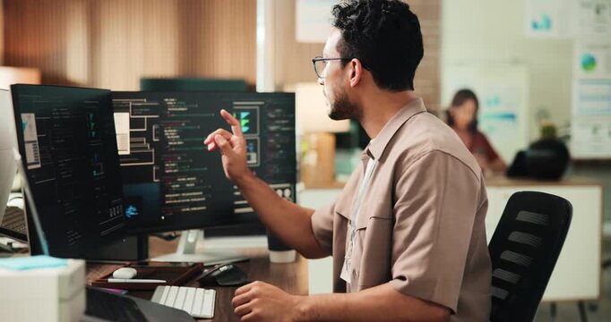 Typing, computer and programming with business man for cybersecurity, firewall code and research. Software engineering, it encryption and cloud data systems with person in office for tech agency