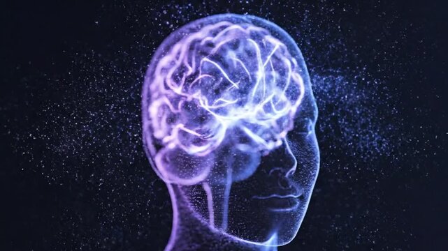 4K cinematic abstract animation visualizing human thinking process as soft glowing neural lines forming and dissolving inside a transparent head silhouette made of light particles.