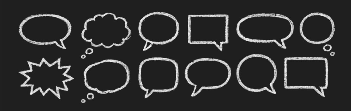 Speech bubbles doodle drawn crayons. Pencil talk speech cloud balloon box dialogue message vector icon