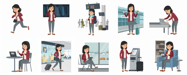 Flat Style Detailed Airplane Pilot Character in Cockpit Illustration Set © cantik