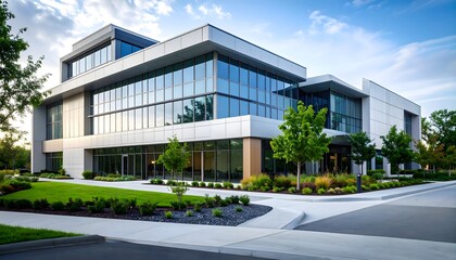 Contemporary glass office building exterior with landscaped entrance, corporate headquarters architecture in business district.