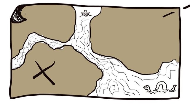 On the old map, a broken route appears to a crosshair or a geographic point where treasure is hidden or something important is present.