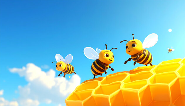 Cute 3D Bees Flying Over Honeycomb Under Blue Sky