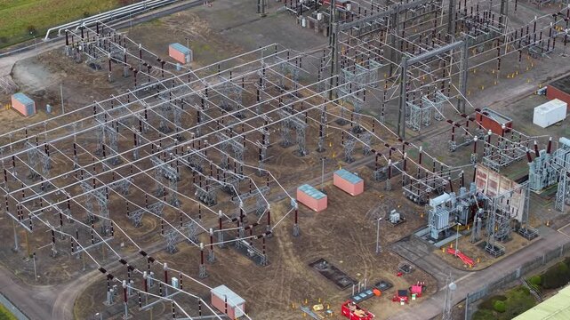 Aerial view of Hams Hall National Grid substation with high voltage pylons and busbars.