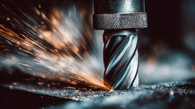Heavy-duty industrial grinder with diamond-tipped bit intensely grinding metal, creating a shower of sparks