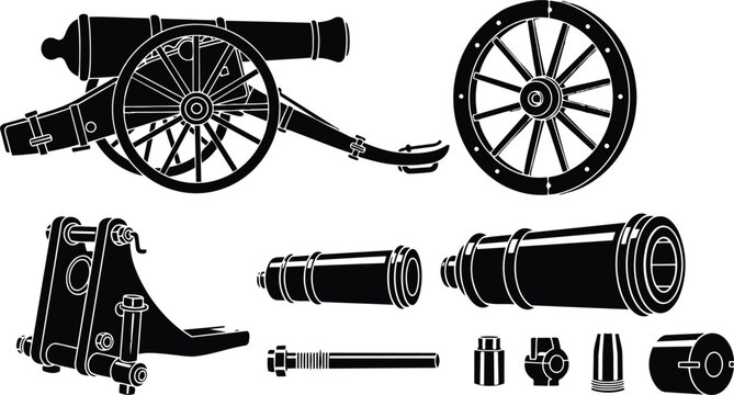 Silhouette vector flat design cannon parts set with wheel barrel and mounting bracket exploded view colonial artillery black and white isolated pieces historical muzzleloader carriage hardware
