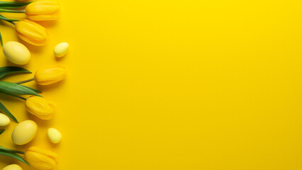Obraz premium Happy Easter holiday background. Yellow Easter eggs and tulip flowers on yellow background top view. Greeting card, frame, banner. Spring theme.