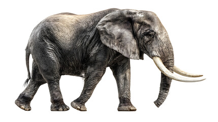 Obraz premium Ultra realistic HD African elephant full body rough skin tusks visible, isolated on white background