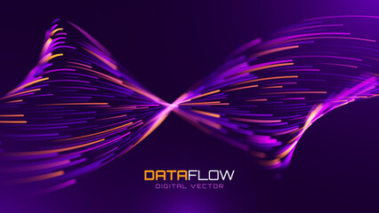 Obraz premium Abstract Tech Flow with Data Paths and AI-Powered Signals. Purple Light Trails in a Digital Network. High-Speed Wireless and Fiber Connections Tech Presentation Background Vector.