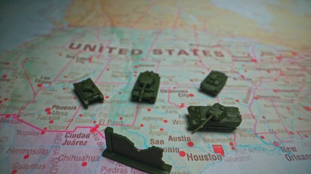 Military patrol and border security on USA Mexico map.