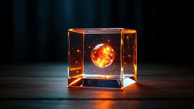 A glowing orb encased in a transparent cube on a wooden surface