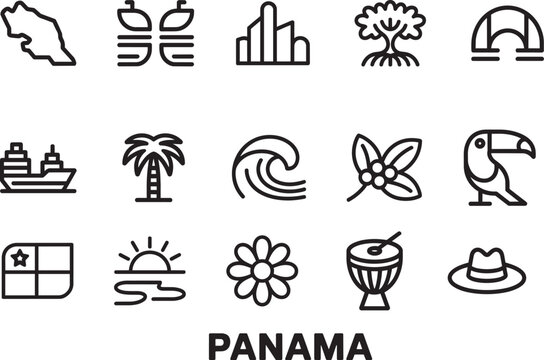 Panama travel thin line icons set with map, molas, buildings, tree, arch, ship, palm, wave