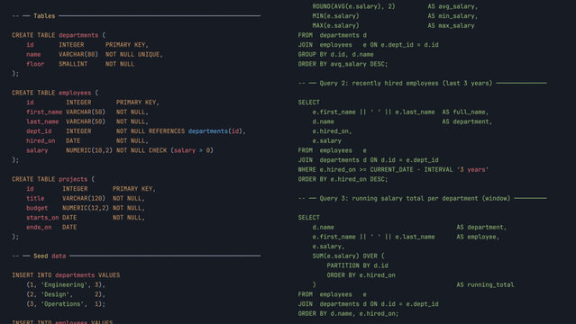 Modern Developer Programmer Screen with Database SQL Programming Language Code with Color Syntax Highlighting. Vector Illustration.