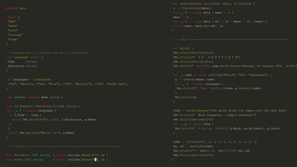 Digital Software Development Background Featuring Hello World Code in Next-Generation Programming Language with Structured Editor Interface. © ec0de
