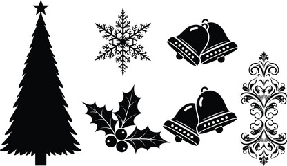Set of Christmas holiday silhouettes including pine tree, snowflake, bells, and holly berry icons, winter celebration, cad drawing flat vector illustration. © Mst