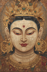 Ancient Weathered Thangka Art - Cracked Goddess Parvati Portrait
