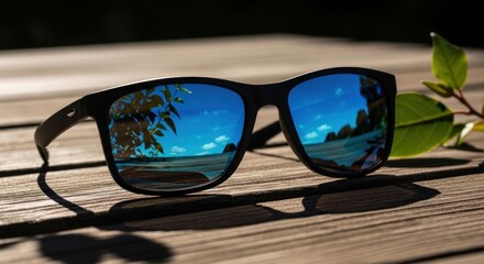 Sunglasses reflect a beach scene, resting on a wooden surface