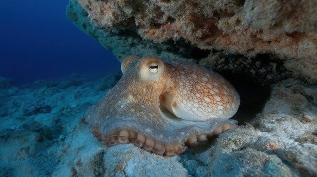 Curious octopus camouflaged against textured rock in underwater marine environment