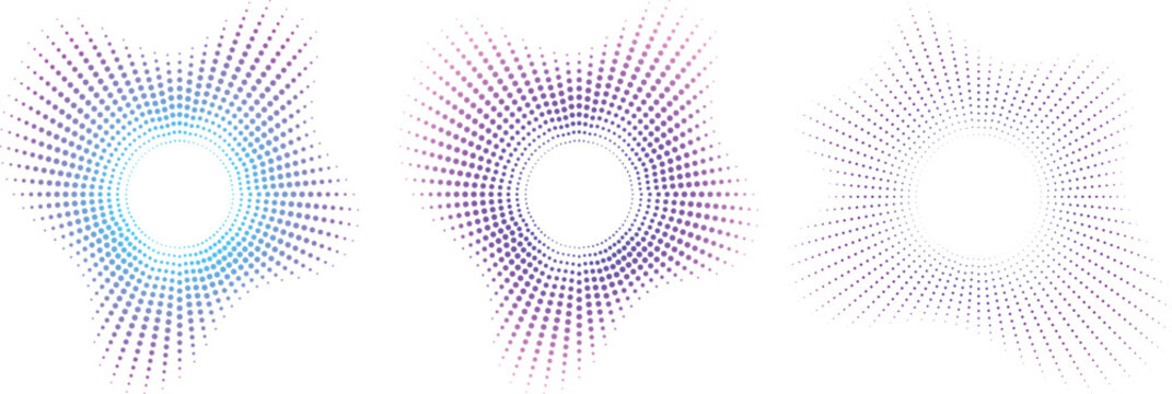 Bundle of spiky cyan and purple gradient circular sound equalizers with neon dots abstract audio icons