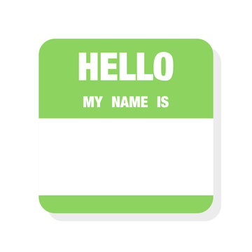Name tag or sticker template. Blank hello my name is simple introduction tag design. Green square name badge.
