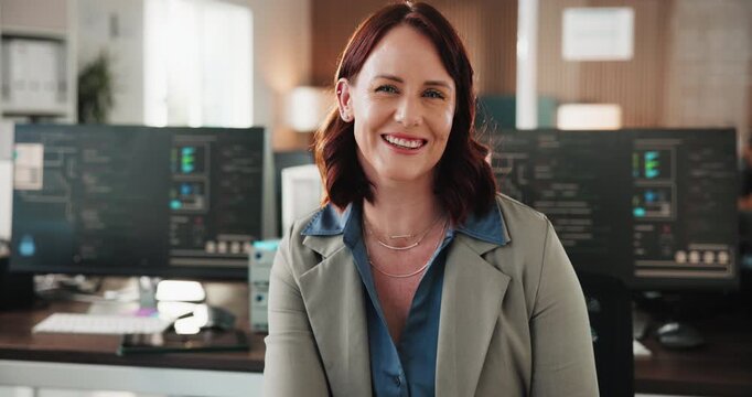 Face, programmer and smile with business woman in office, code and software development. Portrait, happy professional and ai developer in workplace with computer screen, about us and engineer