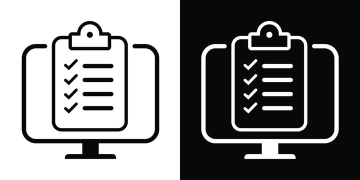 Flat icon of a clipboard with checkmarks on a monitor. Ideal for illustrating online task management, survey completion, electronic checklists, and digital project organization.