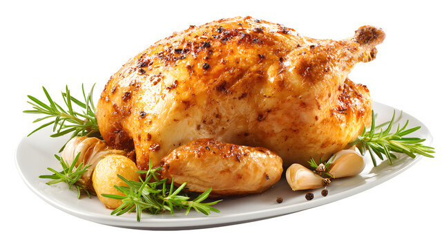 Whole roasted chicken meal ready to serve, food presentation concept, isolated on white background