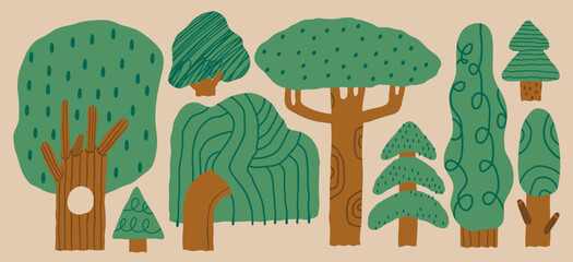 Set of various green Trees. Different types, shapes, textures. Cartoon, childish Scandinavian style forest trees. Hand drawn trendy Vector illustration. Isolated design elements  © Dariia