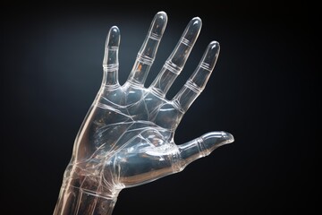 Naklejka premium Transparent prosthetic hand making a stop gesture on a dark background