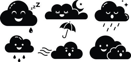 Obraz premium Cute flat design cloud icon set showing smiling sleeping and surprised faces with umbrella raindrop moon and stars on white background mockup vector playful friendly