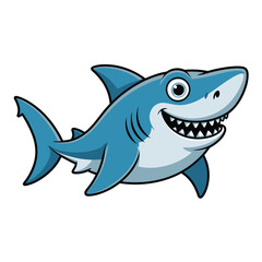Obraz premium Cartoon shark with a cheerful expression swims in a white space