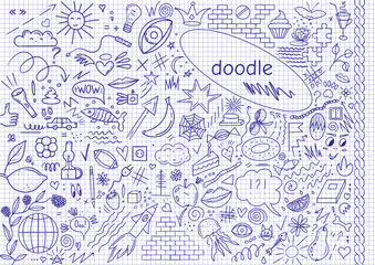 Fototapeta premium A large collection of blue ink hand-drawn doodles in a sketchy style on a graph paper background. The set includes various elements: sun, clouds, hearts, food (banana, apple, cake), rocket, crown, eye