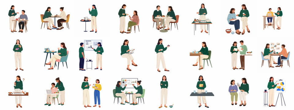 Modern people engaging in various daily activities, including casual interactions, work, learning, and dining in diverse settings, illustrating contemporary lifestyles.