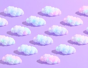 Fototapeta premium Repeating cotton wool cloud pattern in holographic neon tones on pastel purple background, trendy surreal design.