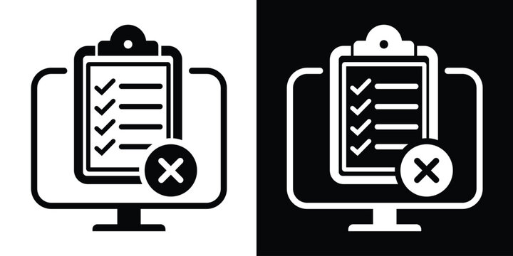 Vector illustration of a computer monitor with a checklist and a cross mark badge. Concept of rejected online application, failed verification, or declined digital form submission.