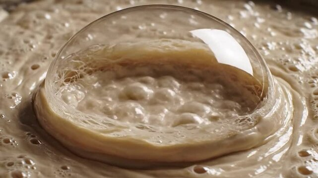 Time-lapse macro of thick sourdough starter, focusing on a single large air bubble stretching the dough surface before it eventually pops.
