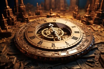 Obraz premium Intricate clock face with visible gears, placed on a detailed miniature cityscape, highlighting the concept of time and history