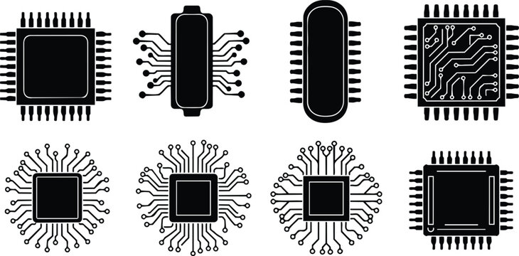 Flat black microchip icon set eight variations close up top view circuit traces radial pins minimal tech illustration in high contrast studio lighting monochrome graphic vector