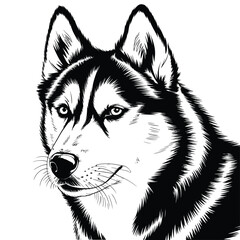 Striking black and white illustration of a husky s head and face © Esrat
